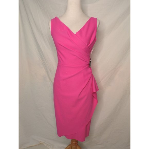 ALEX EVENINGS Side Ruched Embellished Slimming Cocktail Dress Hot Pink 4 NEW - Picture 3 of 7